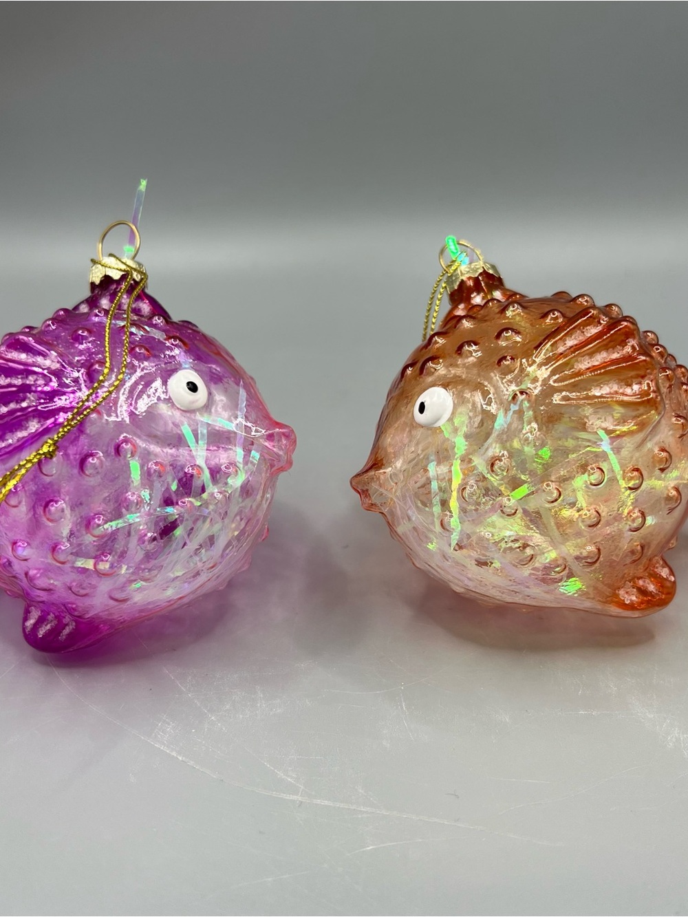 Puffer Fish Ornament Lot Of 2 Pink, Orange Blown Glass Christmas